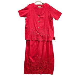 country wear casuals maxi skirt set womens L Pink linen shirt vest maxi skirt